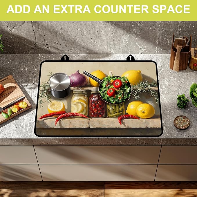 Glass Stove top Cover 28"x 20", Stove Top Covers for Electric Stove, Flat Range Mat for Glass Cooktop, Kitchen Heat-Resistant Protector Non-Slip Drying Mat (Foods Oil Painting)