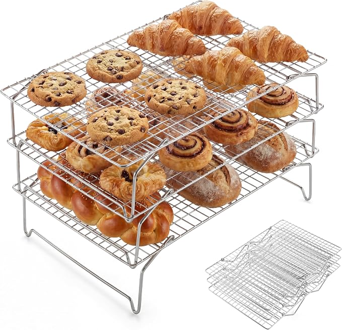 E-far 3-Tier Cooling Rack for Cooking and Baking - 15”x10” Collapsible & Stackable Tight-Wire Stainless Steel Cookie Rack for Baking Sheet, Oven, Roasting, Dishwasher Safe & Space Saving