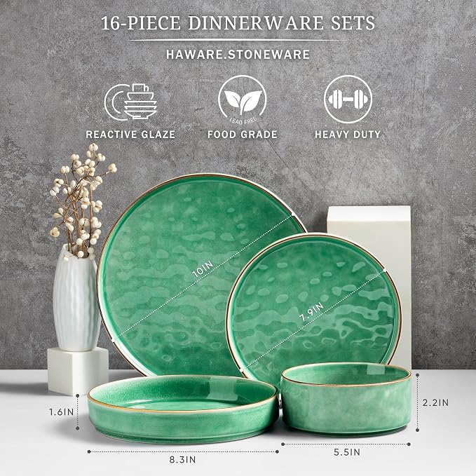 HaWare 16-Piece Dinnerware Set for 4, Reactive Green | Stoneware, Ripple Surface, Scratch Resistant, Microwave &Dishwasher Safe
