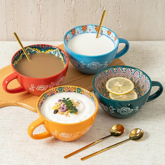 Boho Coffee Mug Set of 4 with Coffee Spoon, Ceramic Large Cups 15 oz/ 450ml, Porcelain Cups for Latte, Tea, Cappuccino, Cocoa, Soup, Dishwasher Microwave Safe, Gift Set Bohemian Style