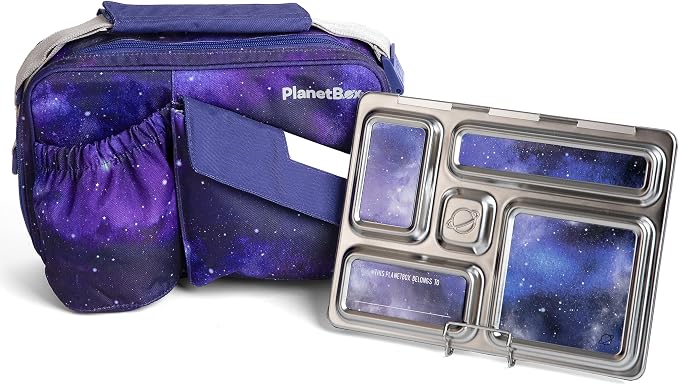 PlanetBox Rover Stainless Steel Bento Box Style Lunch Box Kit for Kids with 5 Compartments – Stardust Edition includes Insulated Lunch Bag, Leakproof Food Containers and Matching Magnets
