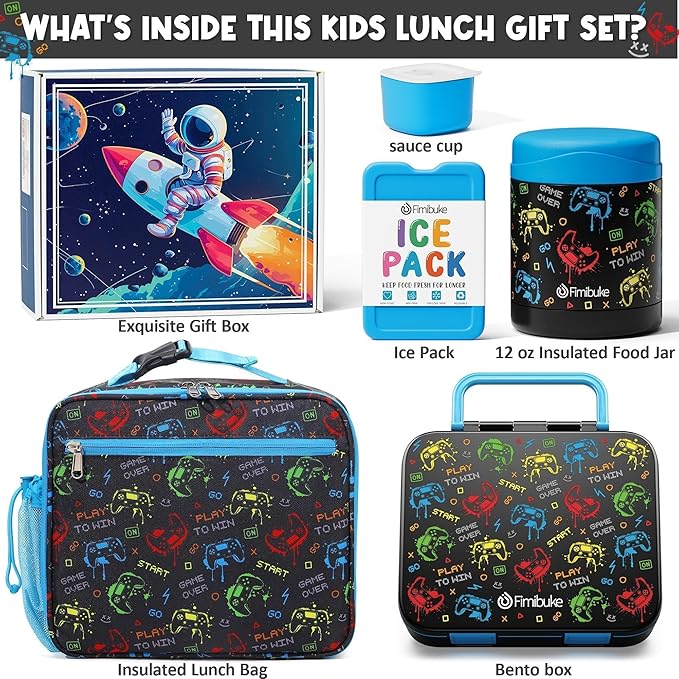 Fimibuke Bento Lunch Box for Kids, 3-Compartment 32OZ Snack Lunch Container, Lunch Bag, 12OZ Insulated Food Jar & Ice Pack Set for Age 3-12 School Daycare Toddler Teen Girls Boys, Gamepad