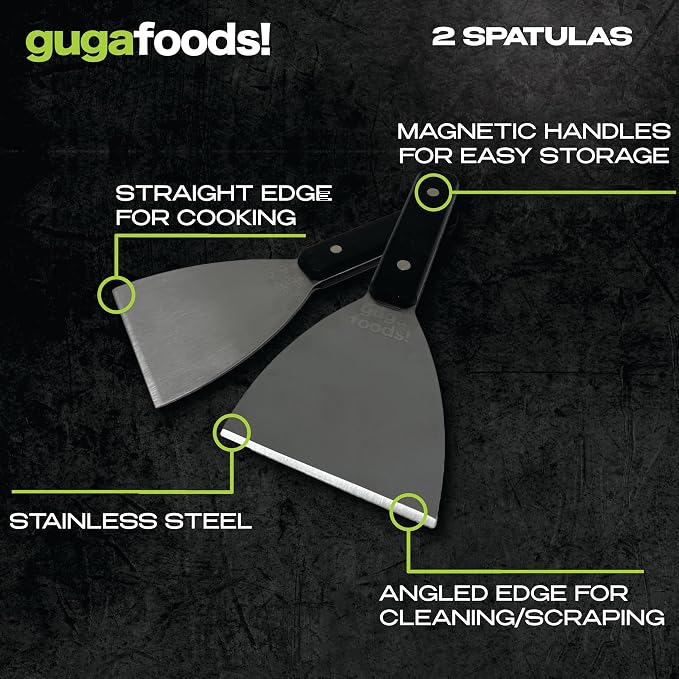 Guga Foods Ultimate Griddle Kit Set- Transform Any Grill or Stove, Includes Cast Iron Griddle with Detachable Handle, Stainless Steel Angled & Straight Edge Spatulas, For Cooking Indoor Or Outdoor