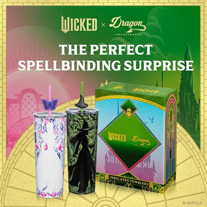 Dragon Glassware x Wicked: For Good 2-Pack 24 oz Vacuum Insulated Tumbler with Lid and Straw - Set of 2 Tumblers with 4 Straws and Toppers - Official Wicked Merch - Shadows