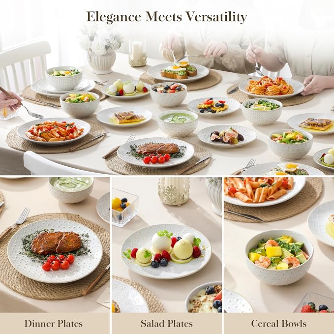 MALACASA 24-Piece Farmhouse Dinnerware Set for 8, Embossed White Stoneware Plates and Bowls Sets, Vintage Relief Ceramic Dish Set, Chip-Resistant, Microwave & Dishwasher Safe