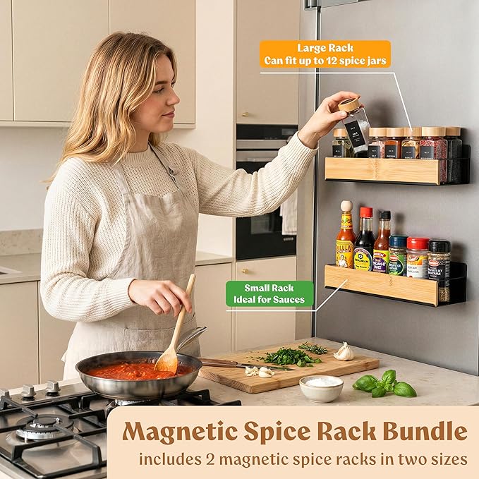 EDELHAUS Square Glass Spice Jars (24 x 4oz) with Bamboo Lids + Magnetic Spice Rack for Refrigerator (Fits 12 Jars) + Bonus Slim Auxiliary Rack, 240 Labels, Shaker Inserts, Funnel