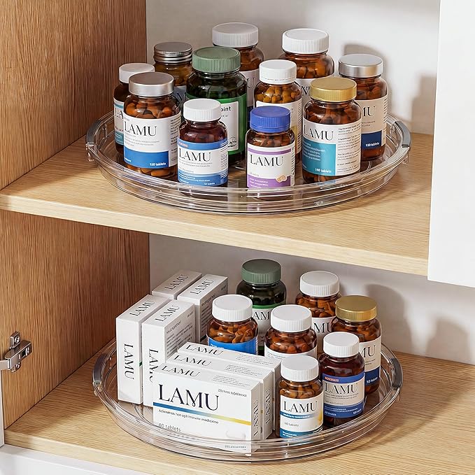 LAMU 12 Inch Lazy Susan Turntable, 360° Rotating Organizer Storage for Cabinet & Table Top, Pantry, Fridge, Bathroom, 4 Pack Clear Spice Rack, Kitchen Storage Tray for Medicine & Countertop