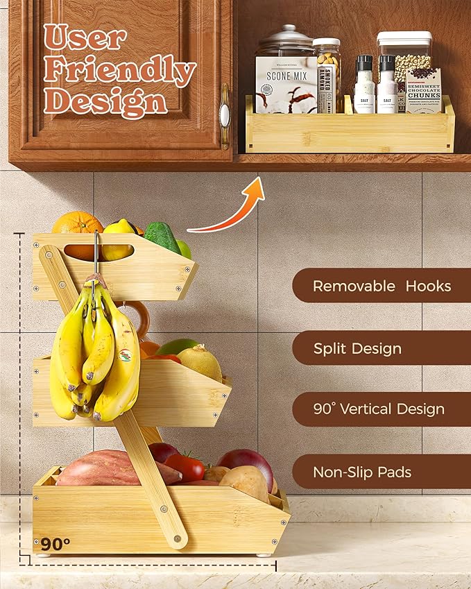 Sevenblue 3 Tier Wooden Fruit Basket with 2 Mobile Banana Holders, Height Adjustable 2 Packs Under Sink Organizer