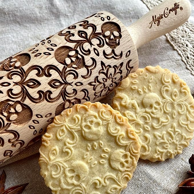 SKULL WREATH Embossing Rolling Pin with SKULLS, Spooky, Death's-head, Halloween Sugar. Laser Engraved Dough Roller for Embossing Homemade Halloween Cookies by Algis Crafts