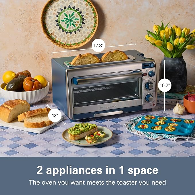 Hamilton Beach 2-in-1 Countertop Toaster Oven and Long Slot 2 Slice Toaster, 60 Minute Timer and Automatic Shut Off, Shade Selector, Kitchen Makeover Blue & Stainless Steel (31158)
