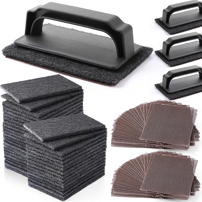 Reallnaive 124 Pcs Griddle Cleaning Kit Screen Holder Grill Screens Cleaning Pads Heavy Duty Abrasive Mesh Pads for Flat Tops, Cast Iron, Stainless Steel Griddle Cleaner Accessories Bundle (Black)