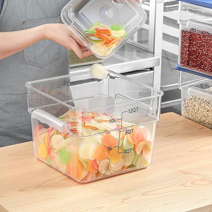 EGGKITPO 8 Pcs 12 QT Food Storage Container with Blue Lids, Handle BPA-Free Polycarbonate Hot Cold Resistant Large Square Commercial Container Set Scarle Dishwasher Freezer Safe Pantry Storage Kitchen