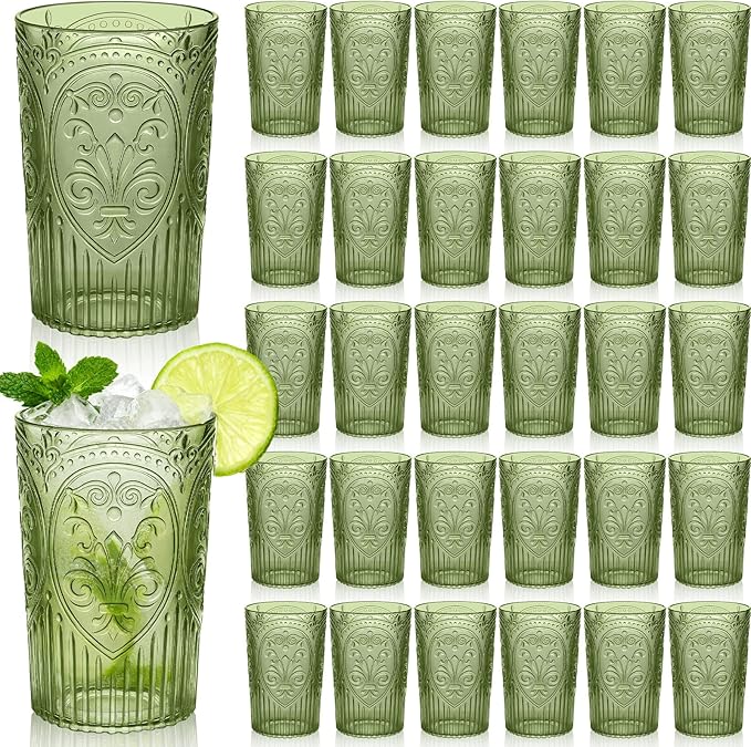 48 Pcs 16 oz Plastic Vintage Drinking Glasses Stemless Ribbed Highball Glasses Bulk Embossed Reusable Cup for Water Beer Cocktails Juice Wedding Bridal Shower Birthday Event Party (Green)