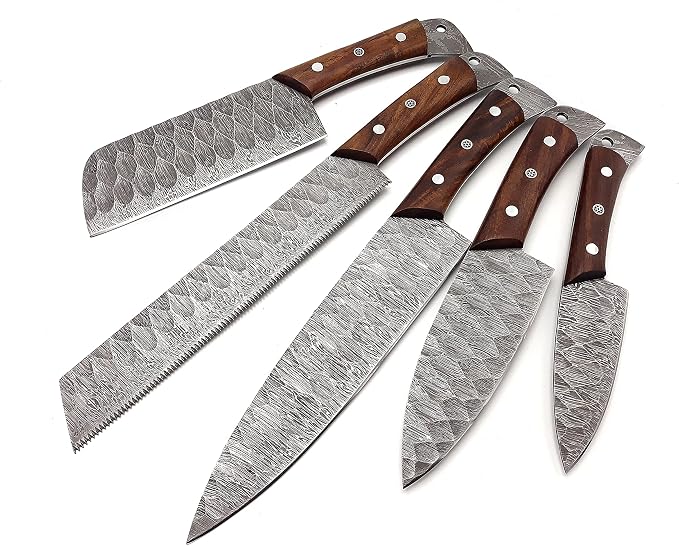 Nooraki Kitchen Handmade Damascus Knife Set 5 Pieces Full Tang Rosewood Handle, Chef, Butcher, Bread, Paring, Skinning Knives Set Everyday Use With Leather Bag