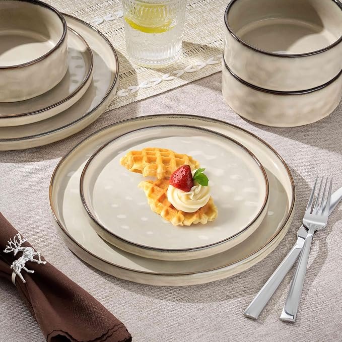 Herogo Plates and Bowls Dinnerware Sets for 8, 24 Pieces Stoneware Dishes Sets, Dishware for Dinner, Salad, Dessert, Dishwasher & Microwave Safe, Cream Khaki