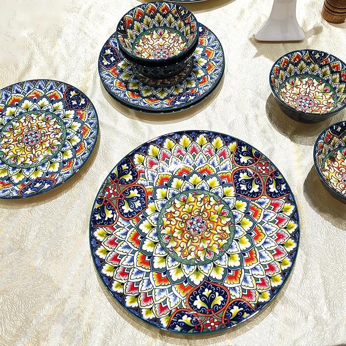 YA JU Mandala Dinnerware Sets (12 Pcs) Serves 4, Buffet Dinnerware, Boho Plates and Bowls Dish Set with 8" Deep Plate 10" dinner Plate 4.8" bowl, apply Casual dining Indoor Outdoor Dining Party