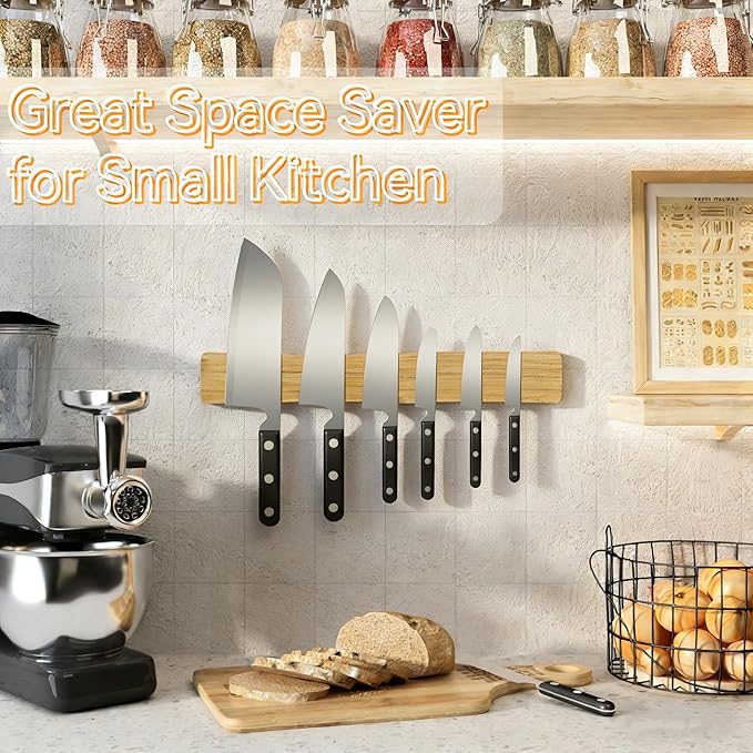 Magnetic Knife Holder for Wall, Acacia Wood Knife Magnetic Strip No Drill Knife Magnet Storage Bar Magnetic Tool Key Holder Strip for Kitchen Utensil Organizer (Light Brown, 24 Inch)