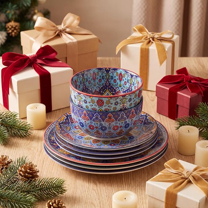 HASENSE 18 Pieces Kitchen Dinnerware Sets Service for 6, Bohemian Style Plates and Bowls Set, Ceramic Vintage Tableware Dishes Set, Scratch Resistant Microwave and Dishwasher Safe, Assorted Color