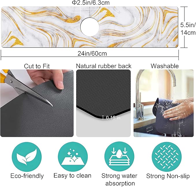 Kitchen Sink Splash Guard Faucet Mat Super Absorbent Fast Drying Mat Sink Gadgets Splash Guard Behind Faucet Drip Catcher for Kitchen (Marbling, 23.5x5.5in)