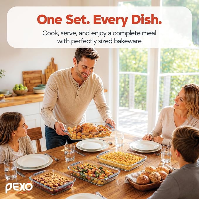Pexo 8 Piece Glass Baking Dish Set with Plastic Lids, With Silicone Handles for Easy Grip (1.06QT, 1.69QT, 2.32QT, 3.17QT), Clear Glass Casserole Dishes for Oven, Airtight Lids, Glass Bakeware, Freezer, Oven, and Dishwasher safe (Gray)