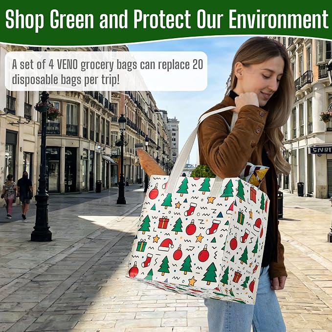 VENO 4 Pack Reusable Grocery Bags, Heavy-Duty Shopping Bags with Handles, for Shopping Cart with Hard Bottom to Stand Upright, Foldable (Jingle Mix, 4 Pack)
