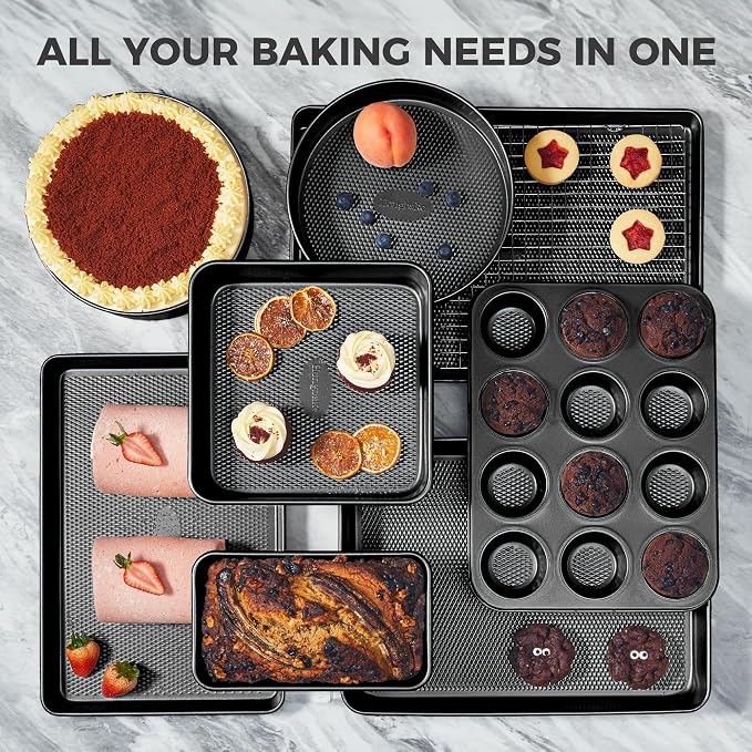 HONGBAKE 9-Piece Baking Pans Set Nonstick, Stackable Non Toxic Bakeware Sets with Diamond Texture, Oven Pan Set for Cooking, Includes Cookie Sheet with Rack, Cake Pan, Roasting Pan, Muffin Tin, Gray
