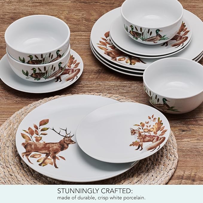 Studio Nova Woodland Wonders Lodge 12 Piece Dinnerware Plate Bowl Set, Service for 4