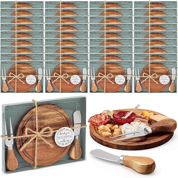 Maxcheck 36 Sets Baby Shower Bridal Game Prizes for Winners Round Cheese Board Set Wood Mini Charcuterie Board with Knives and Forks Thank You Card with Gift Box for Guests Wedding (Acacia)