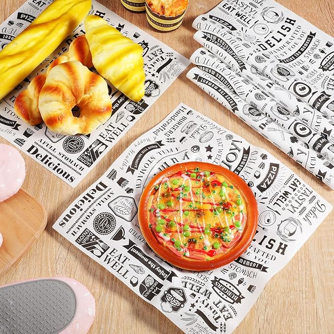 Marspark 200 Pcs Deli Wax Paper Sheets 12 x 12 Inches Square Grease Resistant Tray Basket Liners Hot Dog Wrappers Newsprint Water and Grease Proof Sandwich Wrapping Paper for Food Baking (White Black)