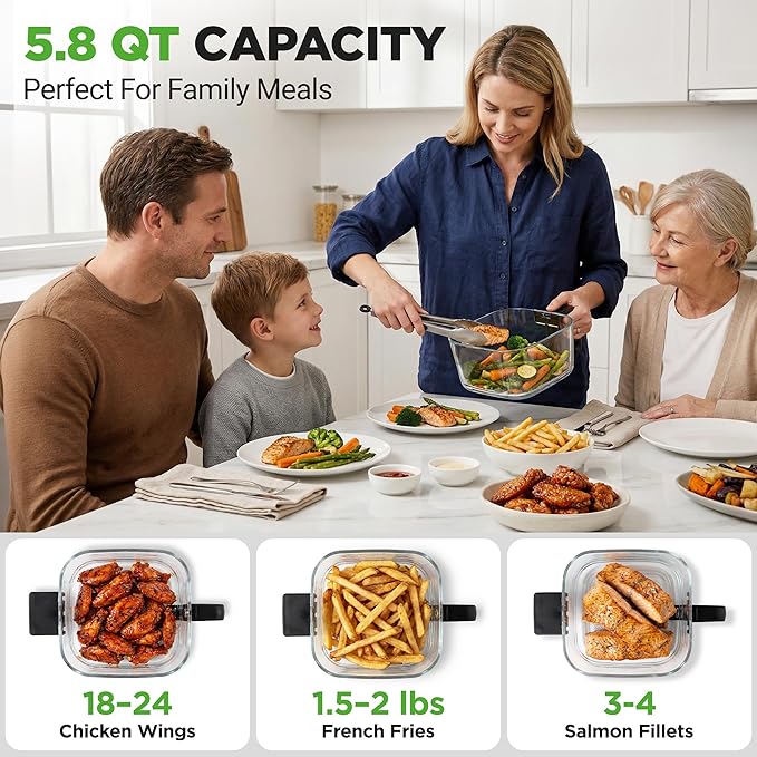 NutriChef 5.8 Quart Air Fryer | Glass Airfryer with 8-in-1 Digital Presets | Stainless Steel Fryer Design | Glass Fry Bowl with Flip-Up Safety Shield | Compact Air-Fryer for Even Cooking | White