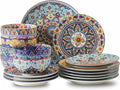 glowworm Dinnerware Sets for 6, 18 Pieces Plates and Bowls Set, Ceramic Dishes Set for 6, Oven, Microwave & Dishwasher Safe, Scratch Resistant, Bohemian