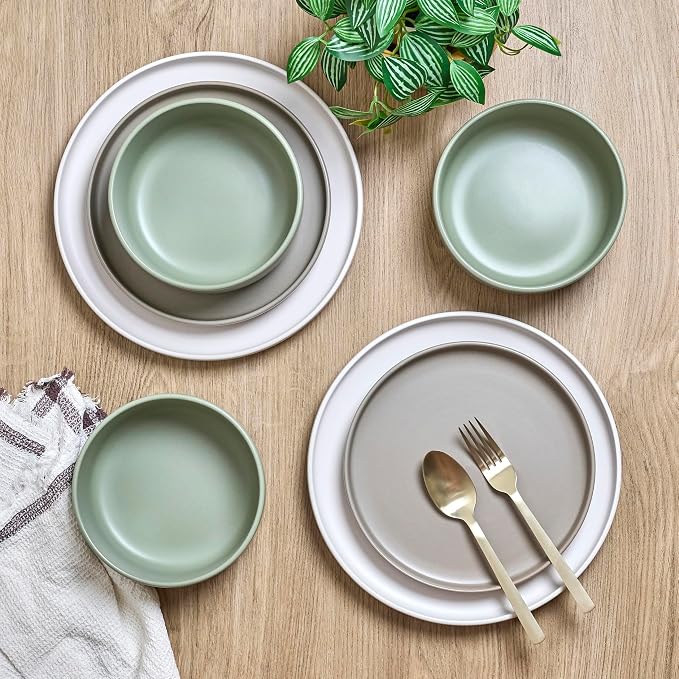 Sango 12-Piece Stoneware Dinnerware Set for 4, Satin Glazed Plates and Bowls Sets with Matte Finish, Ceramic Dish Set, Durable Kitchen Dishes, Microwave & Dishwasher Safe for Casual Dining, Rollo Alta
