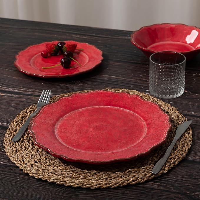 LEHAHA Luxury 12 Piece 100% Melamine Dinnerware Sets, Rustic Scalloped rim Bowls and Dinner/Dessert Plates set, Spring Camping dishes indoor and outdoor use, Service for 4, Christmas Red