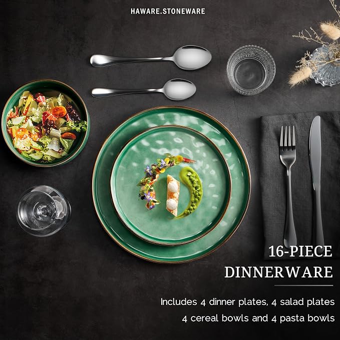 HaWare 16-Piece Dinnerware Set for 4, Reactive Green | Stoneware, Ripple Surface, Scratch Resistant, Microwave &Dishwasher Safe