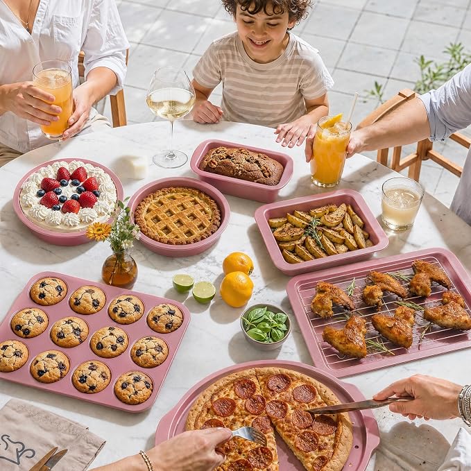 HONGBAKE Bakeware Sets, Baking Pans Set, Nonstick Oven Pan for Kitchen with Wider Grips, 10-Piece Including Rack, Cookie Sheet, Cake Pans, Loaf Pan, Muffin Pan, Pizza Pan - Pink