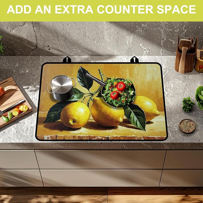 Glass stove top cover 28"x 20", Stove Top Covers for Electric Stove, Flat Range Mat for Glass Cooktop, Kitchen Heat-Resistant Protector Non-Slip Drying Mat (Lemon)