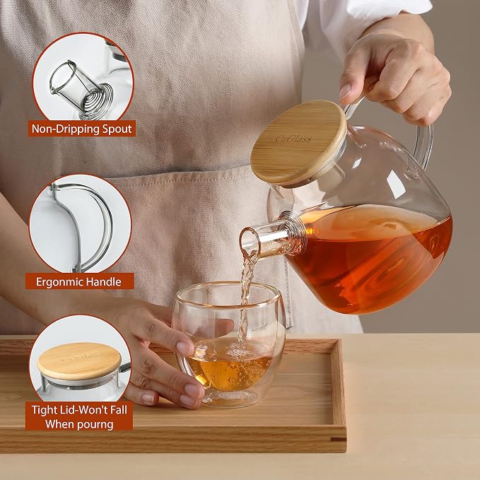 CnGlass Glass Teapot Stovetop Safe 40.6oz with Double Walled Glass Coffee Mugs 10oz(2pack)