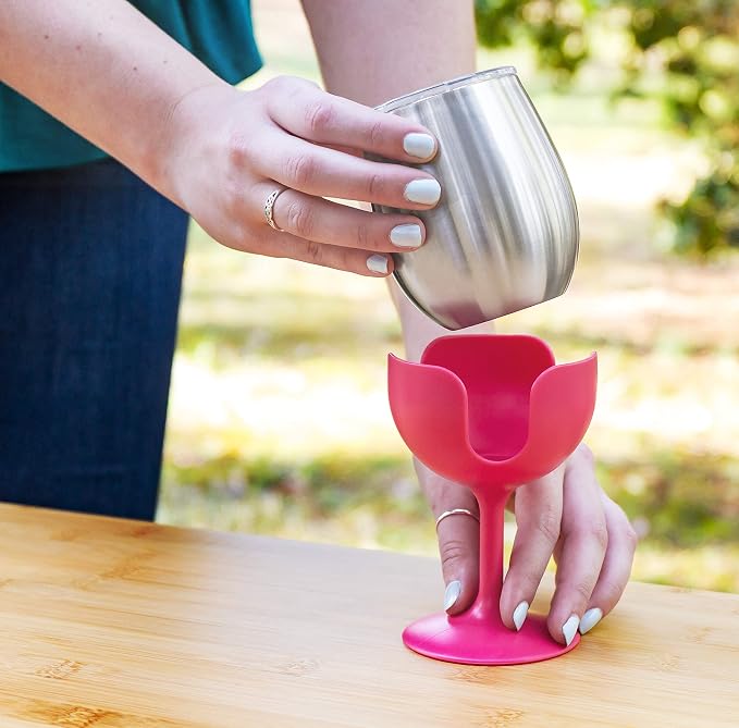 Camco Life is Better at The Campsite Wine Tumbler | Heavy Duty Double Wall Vacuum Insulation | Crafted of 18/8 Stainless Steel | Removable Green, Yellow, Blue & Pink Stems | 4-Pk, 8-oz/Each (53068)