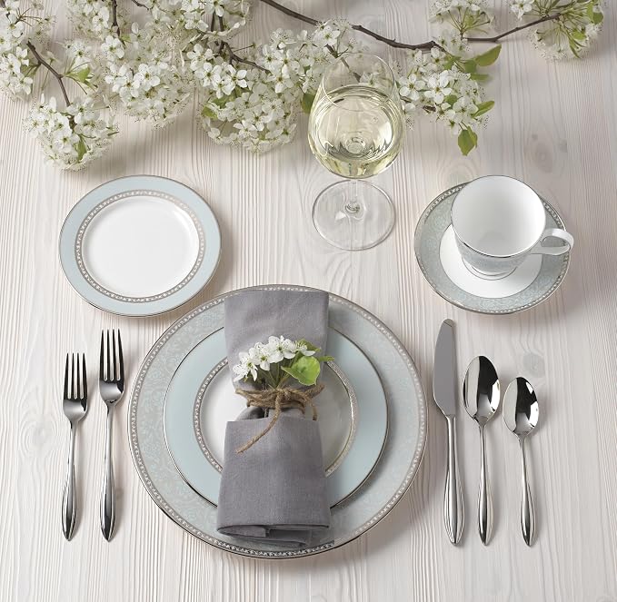 Lenox Dinnerware Set, Westmore 5-Piece Place Setting Set, Service for 1, Bone China Dinnerware, Dishwasher And Microwave Safe, Plate, Saucer, and Teacup, Kitchen and Dining (White/Blue, 5 Piece)