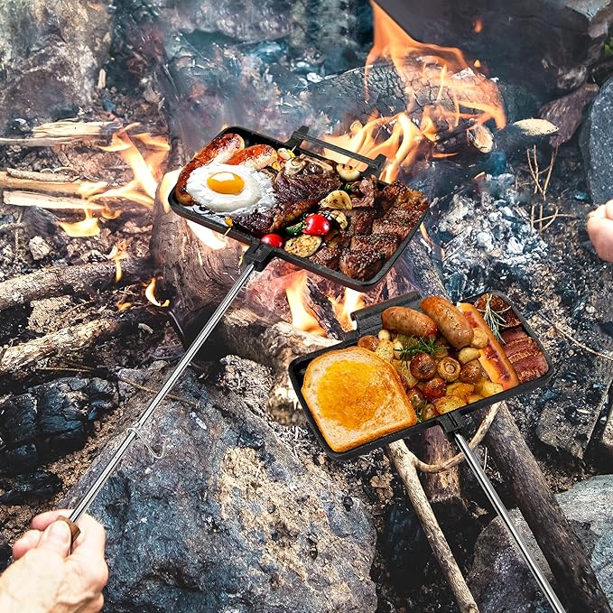 Double Pie Iron for Camping Cast Iron, Pre-seasoned Cast Iron Campfire Sandwich Maker, Mountain Pie Maker, Portable Campfire Cooking Equipment Camp Cooker