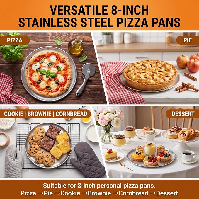 Thenshop 6 Pieces 8 Inch Pizza Pans Bulk Stainless Steel Sets Round Bakeware Pizza Trays for Oven Kitchen Baking Home Restaurant Safe Sturdy Reusable Easy Clean (Silver)