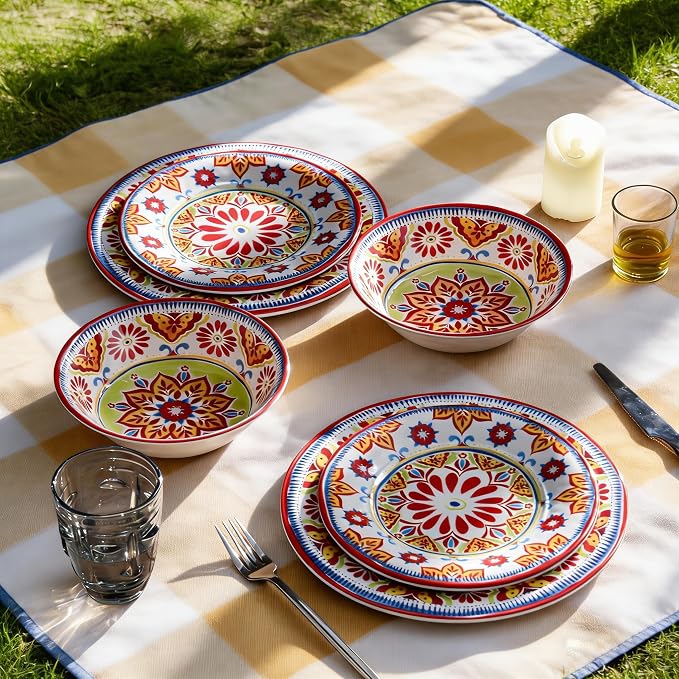 Premium Melamine Dinnerware Sets for 4, 12-Piece Plates and Bowls Sets, Shatterproof & Lightweight Dish Set for Indoor and Outdoor Use, Dishwasher Safe, Red
