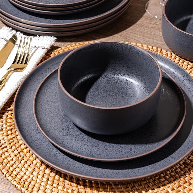 LERATIO Stoneware Dinnerware Sets for 6,Handcarft Ceramic Plates and Bowls Sets,Chip and Scratch Resistant Dishes, Dishwasher & Microwave Safe, Oven safe,Reactive Glaze-Speckled Ashen