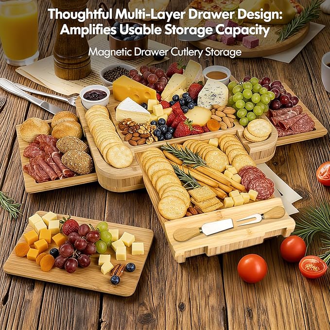 Charcuterie Board with Lid Gift Set - Cheese Bamboo Tray with Utensils, 2 Sauce Bowls,Fruit Tray and Food-Grade Seal Included - Portable with Handle for Travel, Parties, Kitchen Gifts for Women