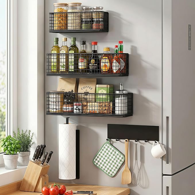 Magnetic Spice Rack Refrigerator,Include Paper Towel Holder And Hooks, For Traeger Grills Of Washing Machine Side (Black, 5-Pack)