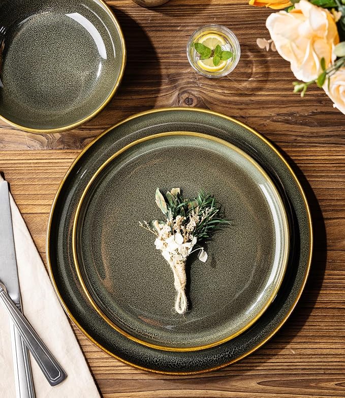 TheTerra Ceramic Dinnerware Sets for 4, 12 Pieces Porcelain Lightweight Plates and Bowls Sets, Scratch Resistant Dish Set, Oven & Microwave & Dishwasher Safe, Olive Moss