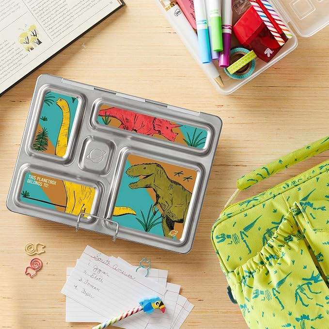 PlanetBox Rover Stainless Steel Bento Box Style Lunch Box Kit for Kids with 5 Compartments, Dino Dig Edition includes Insulated Lunch Bag, Leakproof Food Containers and Matching Jurassic Magnets