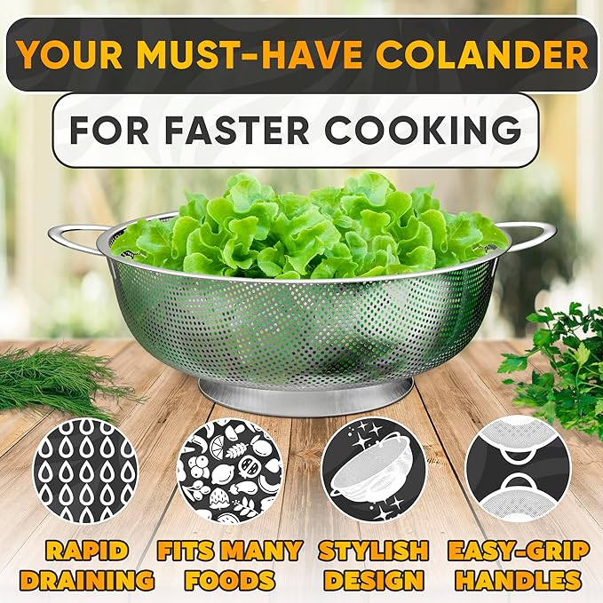 Stainless Steel Strainer Bowl With Handles - 5Qt Rice Washer Strainer Bowl for Grains, Beans, Spaghetti, Veggies, Fruits - Dishwasher Safe & Rust-Resistant Metal Strainers for Kitchen With Fine Holes