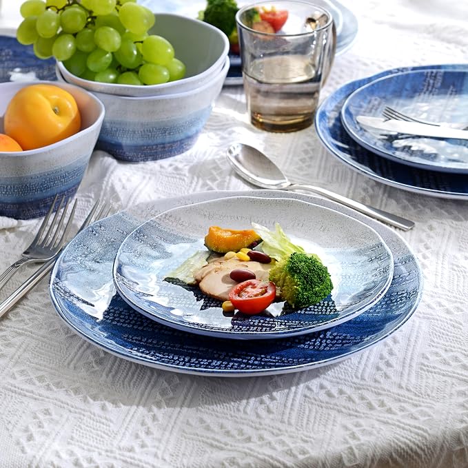 12PCS Melamine Dishes Set Blue, Nautical Plates and Bowls Sets for 4,Lightweight,Durable and Stackable for Camping, RV, Picnic and Outdoor Dining