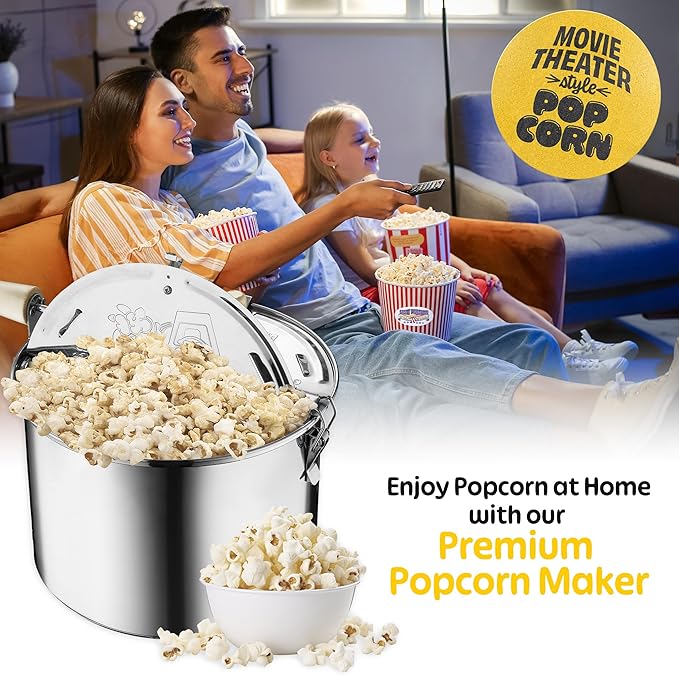 Stovetop Popcorn Maker - 6.5-Quart Stainless-Steel Popcorn Popper with a Hand Crank, Vented Lid, and Stir Paddle by Great Northern Popcorn (Silver)